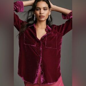 Anthropologie Pilcro Deep Red Velvet Button Down Shirt